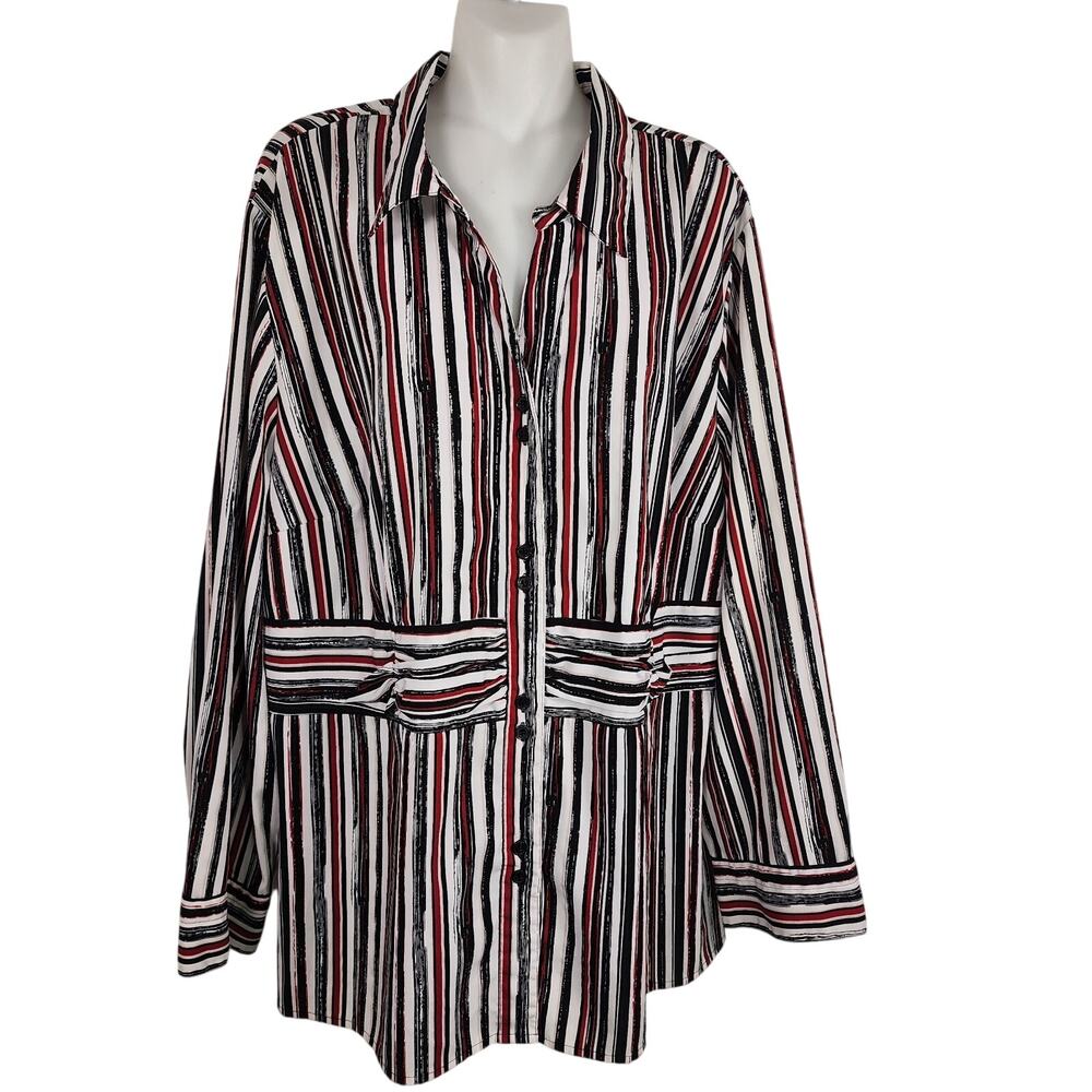 Maggie Barnes Womens Shirt Button 3/4 Sleeve Red White Black Striped 2X 22W 24W